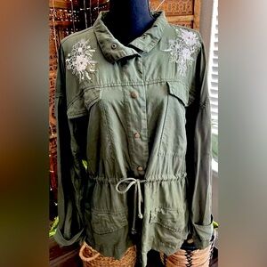 Embroidered Utility Olive Green Shirt/Jacket lightweight 
Women SZ XXL Snaps